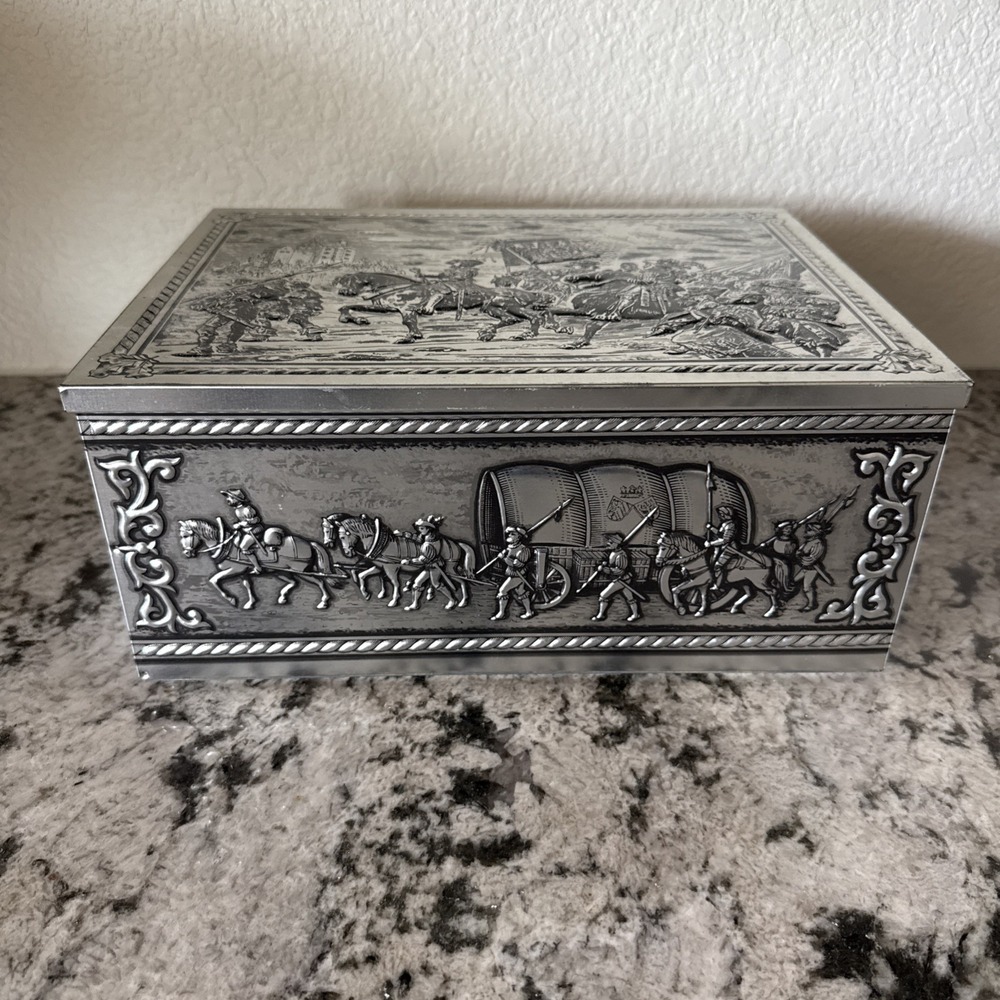 Vintage Scholler 3D Embossed Metal Tin – 1950s Silvertone Hinged Cookie Box